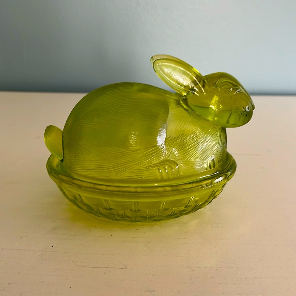 Depression glass rabbit dish.